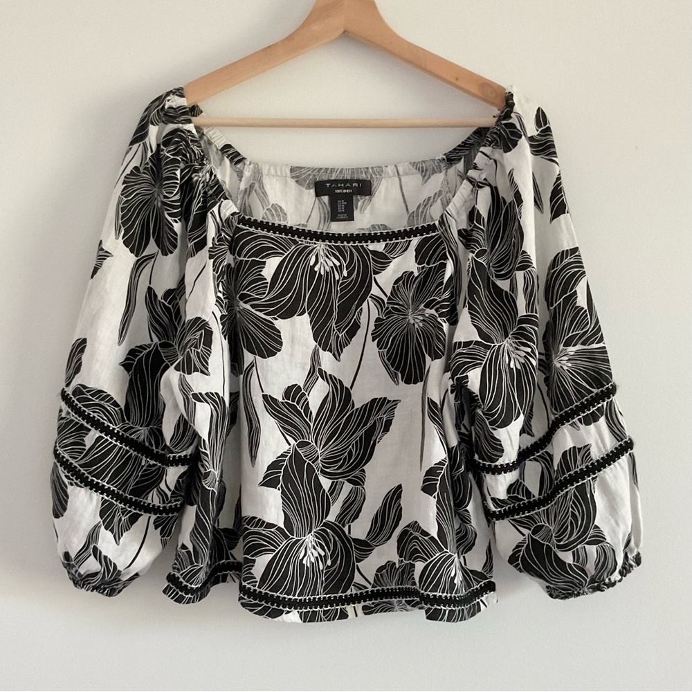 Tahari Linen Blouse Black White Floral Balloon Sleeve Square Neck Size M Beach